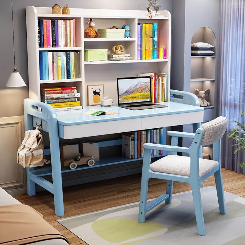 Adjustable Kids Desk with Storage and Shelves - White