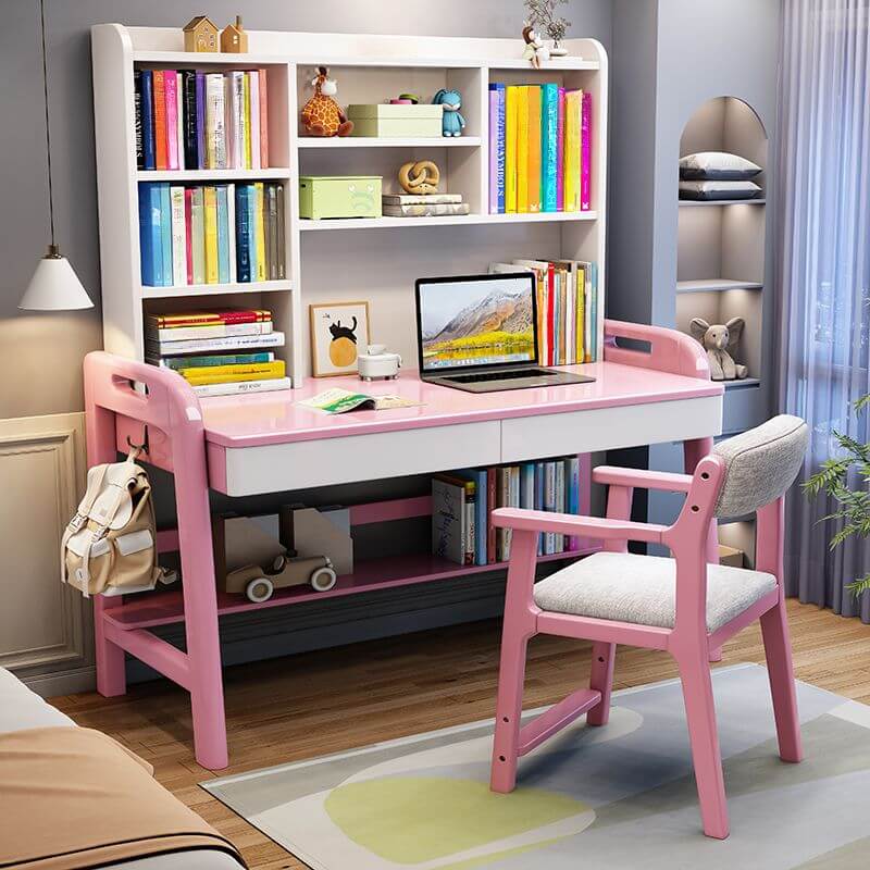 Adjustable Kids Desk with Storage and Shelves - White