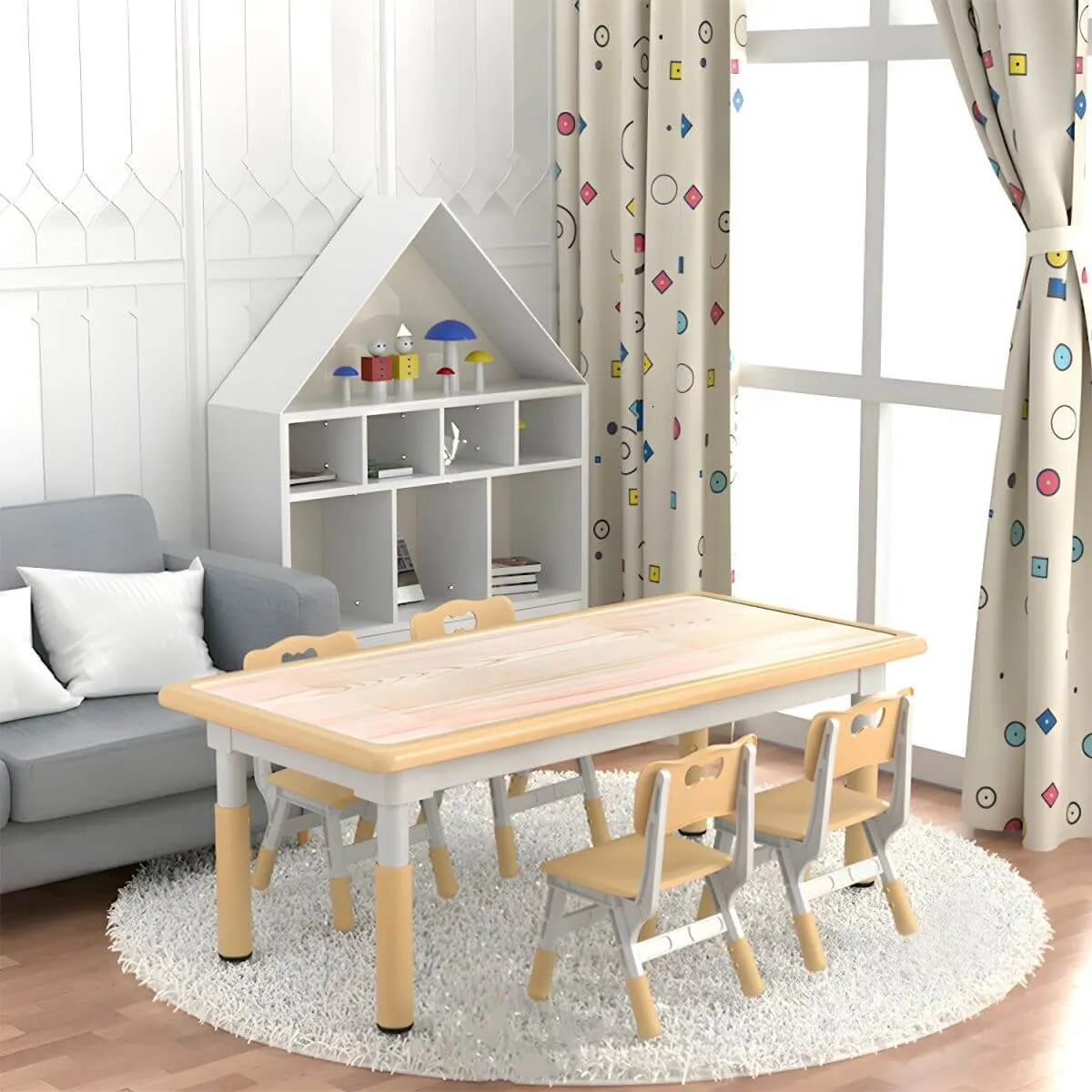 Adjustable Kids Writing Desk with Natural Wood Top & Colorful Base