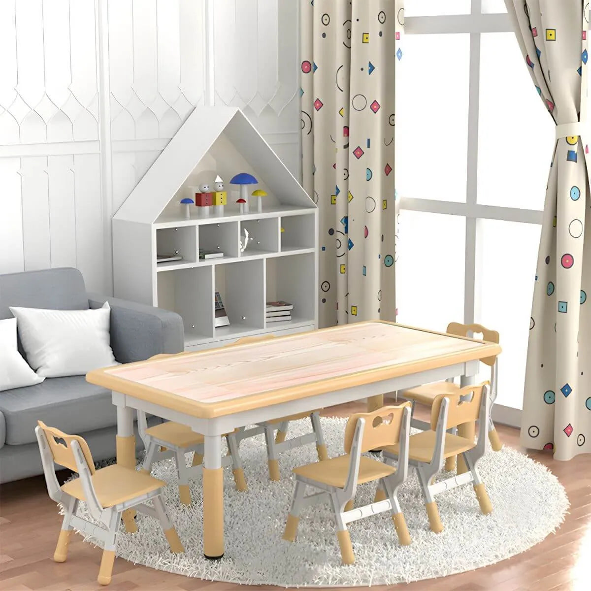 Adjustable Kids Writing Desk with Natural Wood Top & Colorful Base