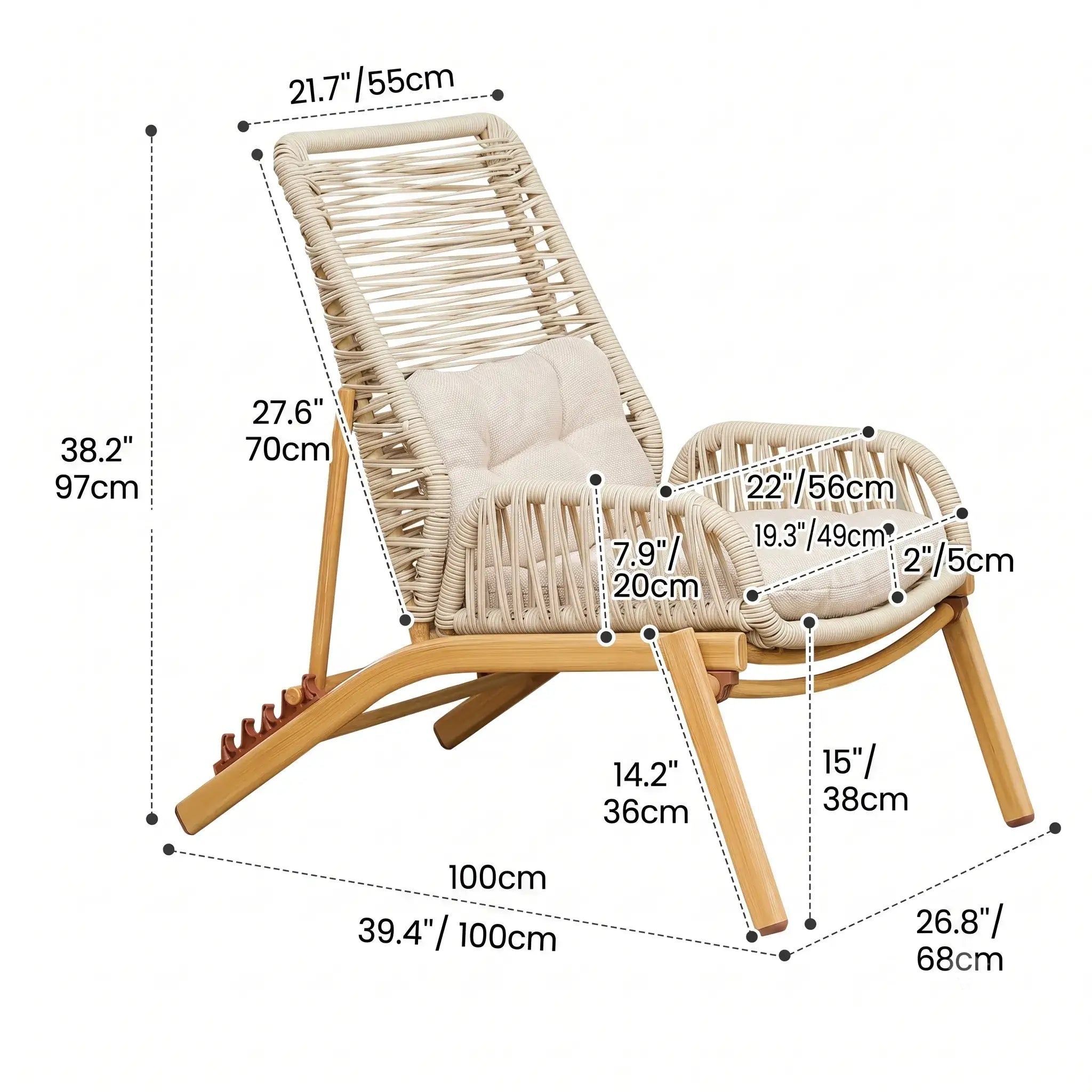 Adjustable Rattan Folding Chair Series with Cushions for Terrace and Reading Nooks Dimensions