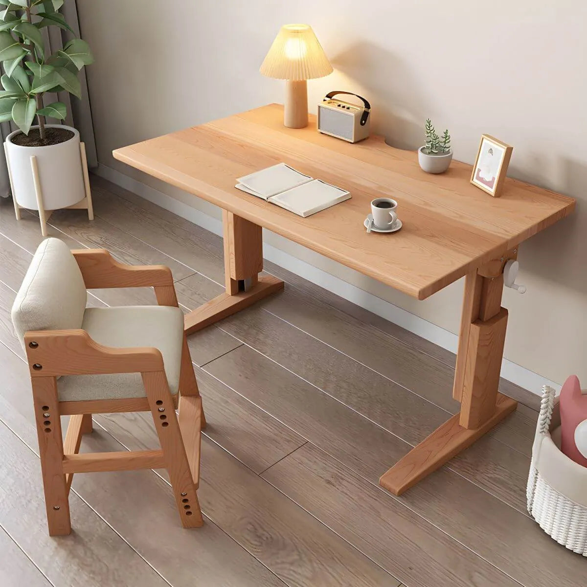 Adjustable Solid Ash Kids Desk with Bookshelf & Fold-Out Panel