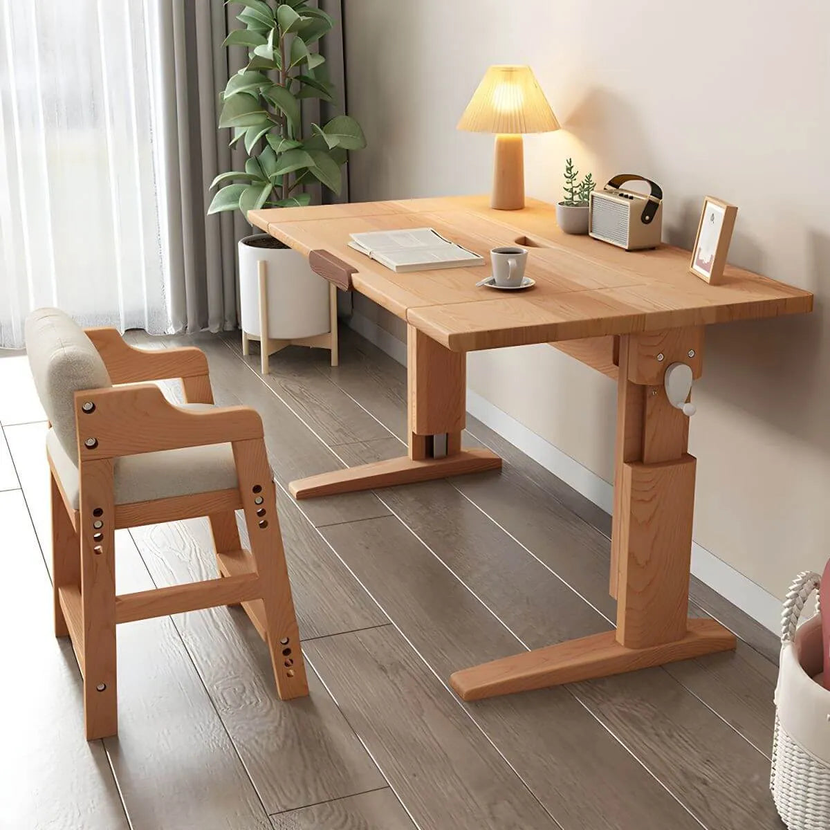 Adjustable Solid Ash Kids Desk with Bookshelf & Fold-Out Panel