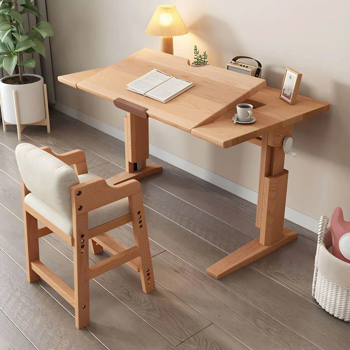 Adjustable Solid Ash Kids Desk with Bookshelf & Fold-Out Panel Main Product Image