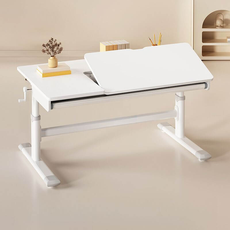Adjustable White Wood Desk with Hidden Storage for Kids