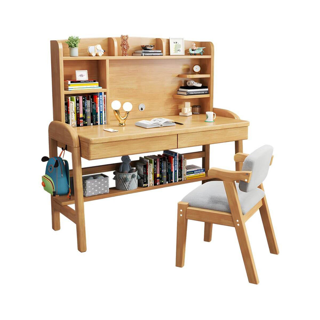 Adjustable Wooden Kids Desk with Integrated Shelf and Drawers