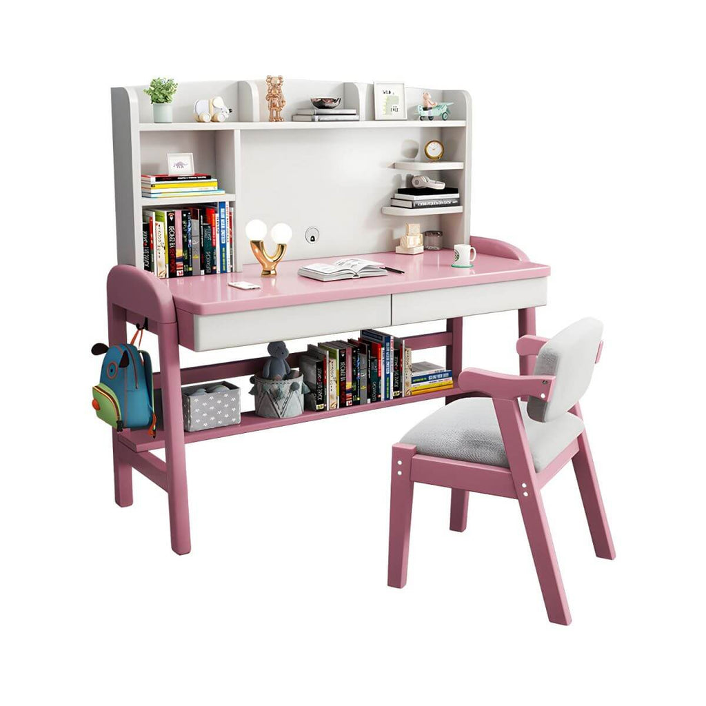 Adjustable Wooden Kids Desk with Integrated Shelf and Drawers