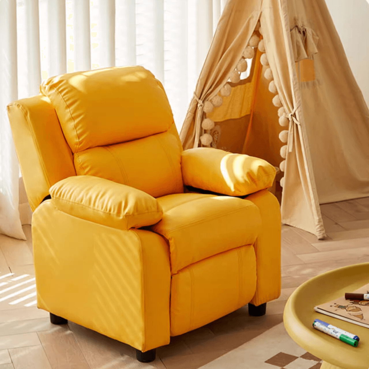 Yellow adjustable children's chair with microfiber leather and reclining backrest main product image