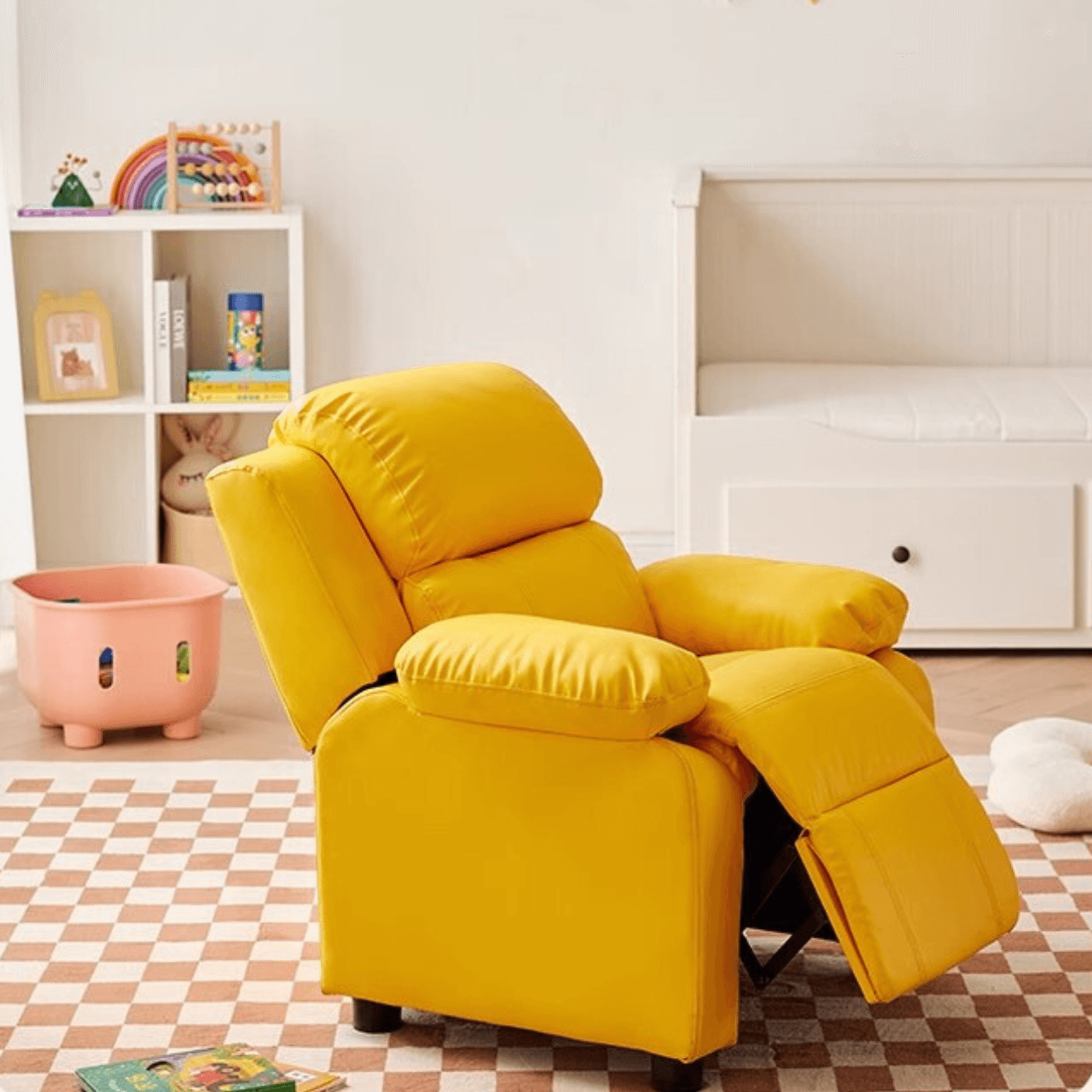 Yellow adjustable children's chair with microfiber leather and reclining backrest