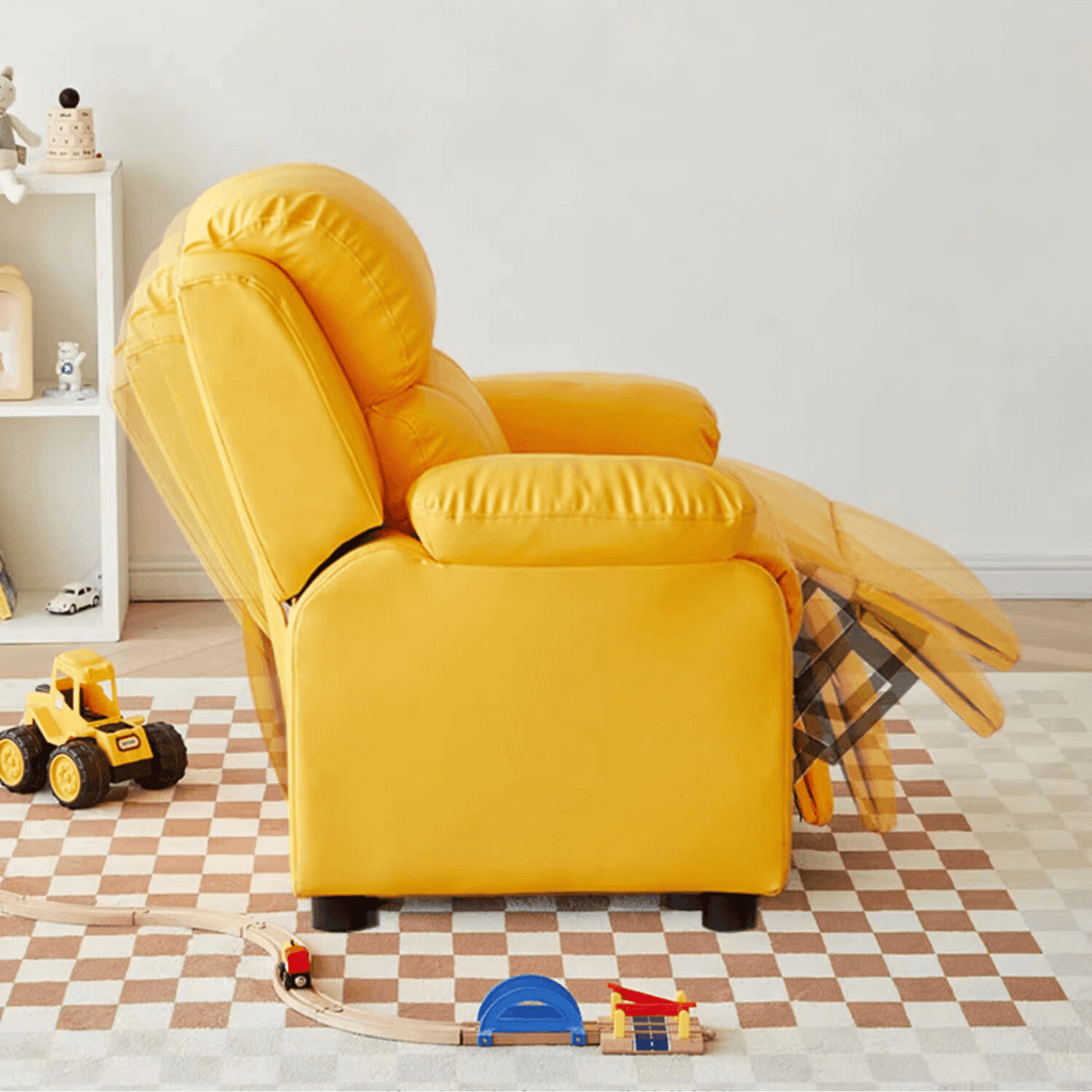 Yellow adjustable children's chair with microfiber leather and reclining backrest