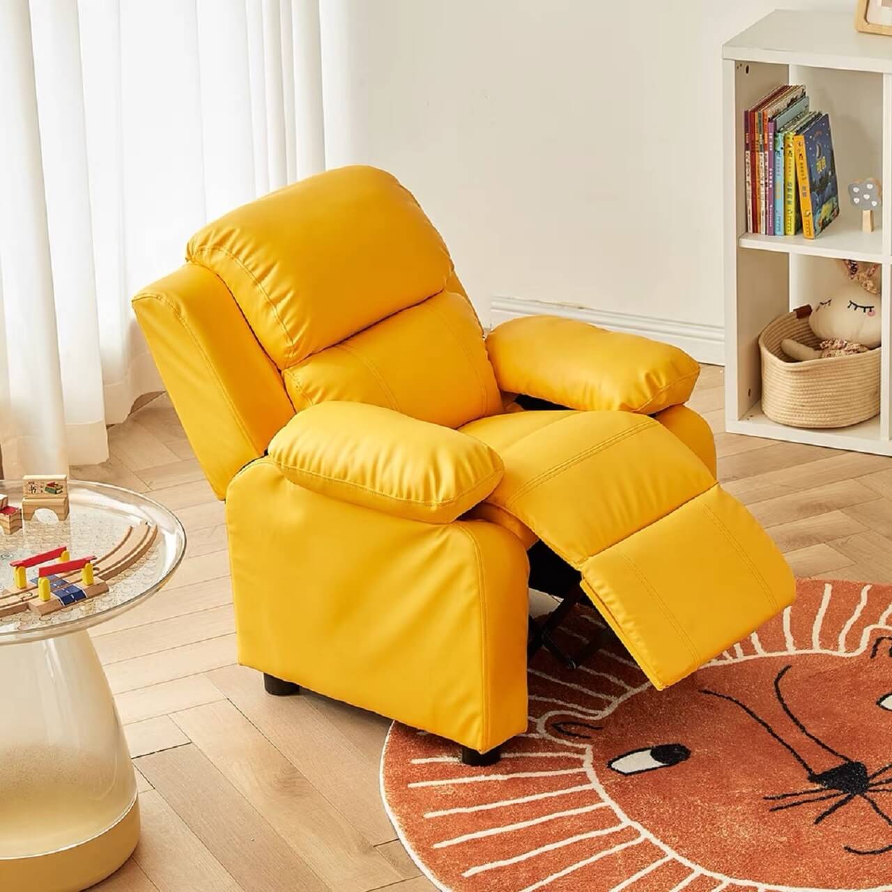 Yellow adjustable children's chair with microfiber leather and reclining backrest
