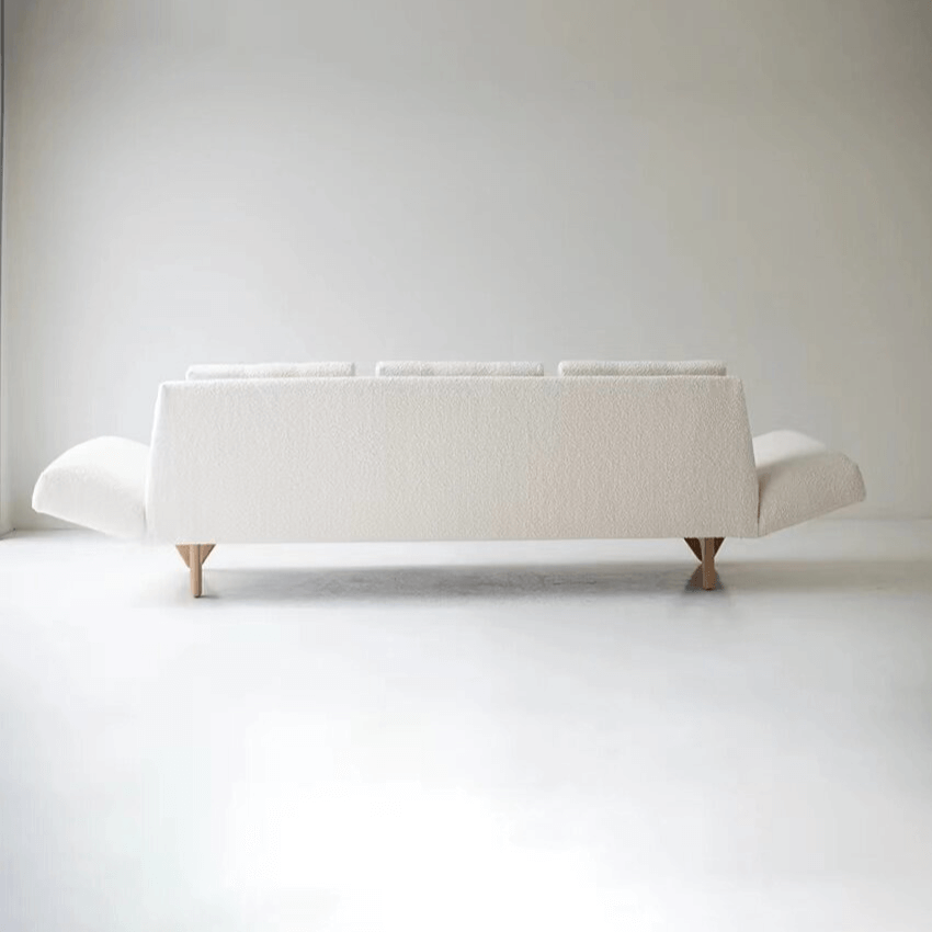 Adrian Pearsall Style Boucle Sofa in Cream Bouclé with Curved Solid Wood Base