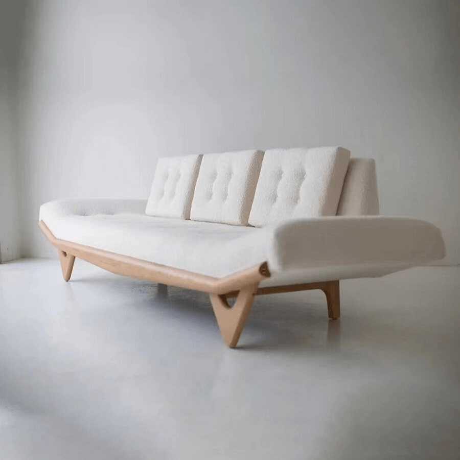 Adrian Pearsall Style Boucle Sofa in Cream Bouclé with Curved Solid Wood Base