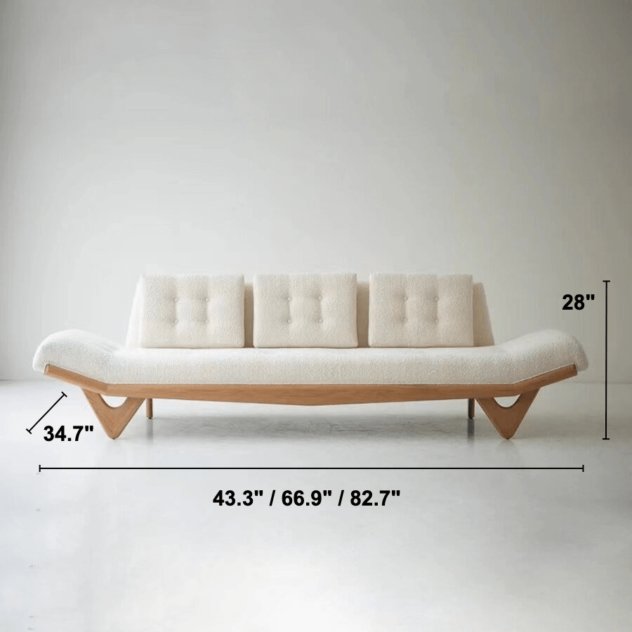 Adrian Pearsall Style Boucle Sofa in Cream Bouclé with Curved Solid Wood Base Dimensions