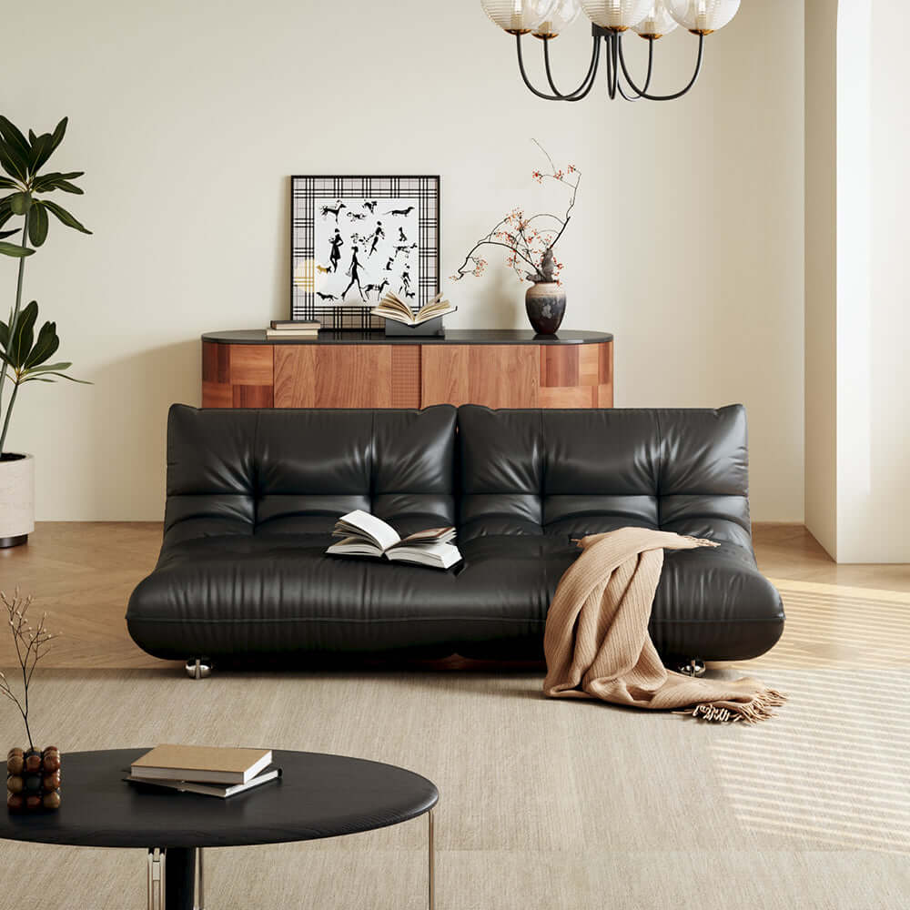 Togo style leather sleeper sofa bed without arms, perfect for compact living spaces