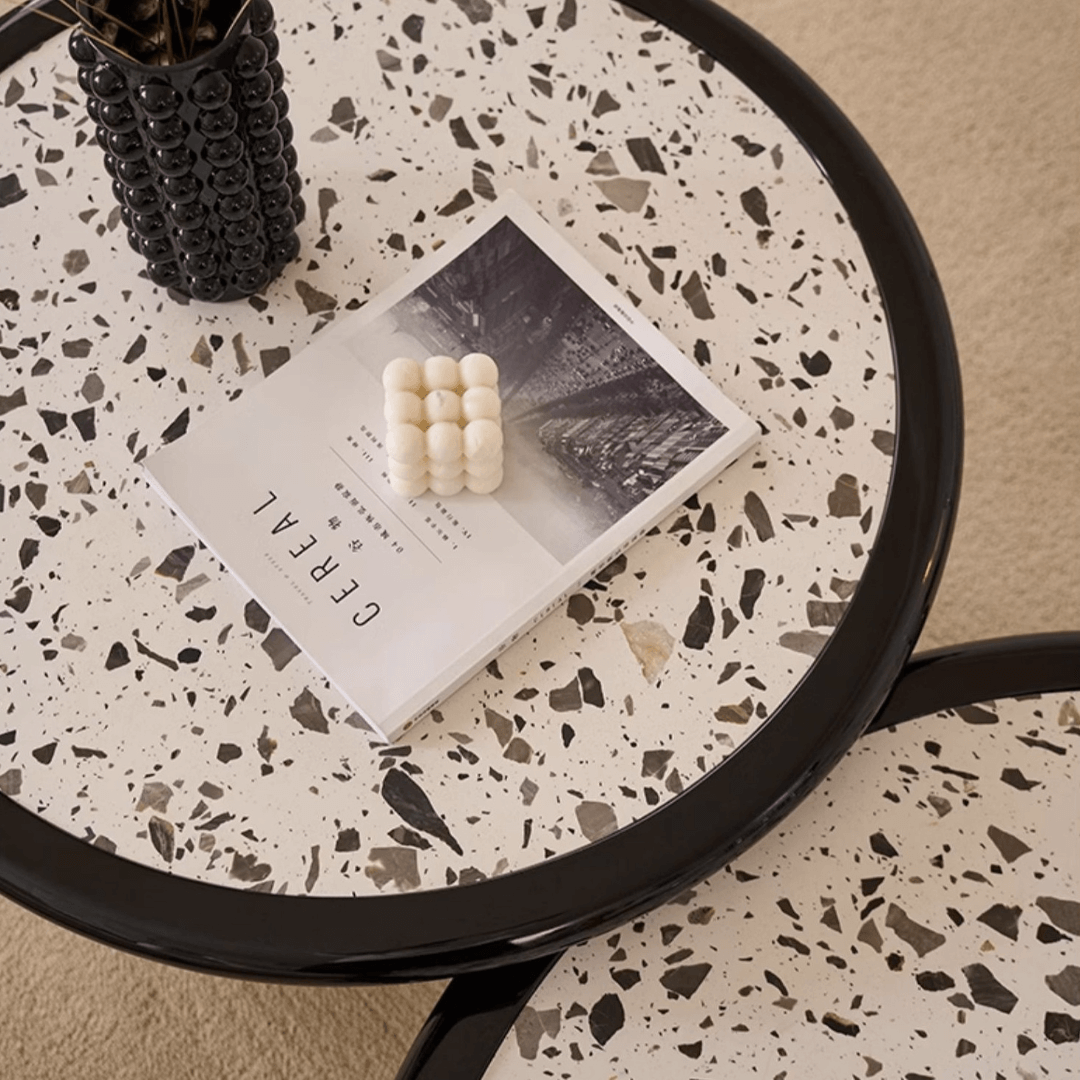 Round terrazzo coffee table with elegant design, perfect for adding sophistication to your living room