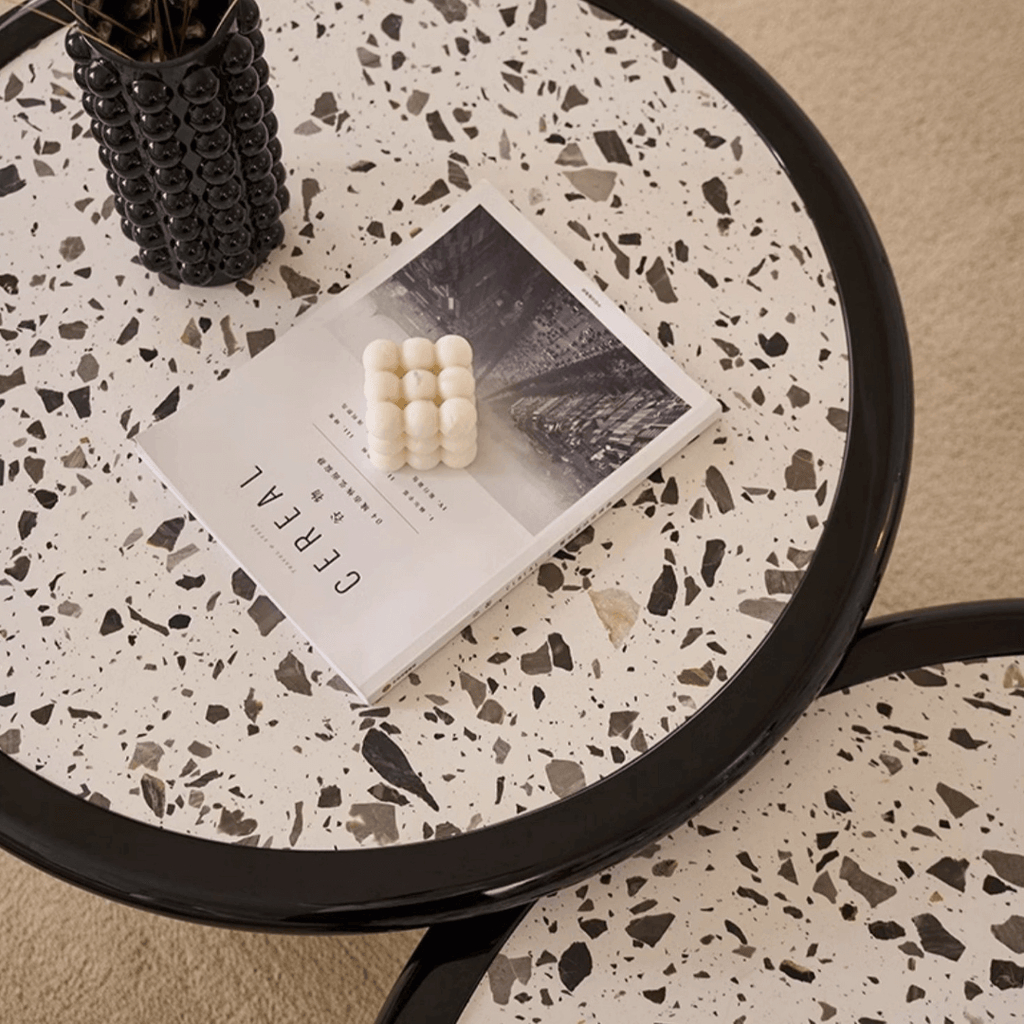 Round terrazzo coffee table with elegant design, perfect for adding sophistication to your living room