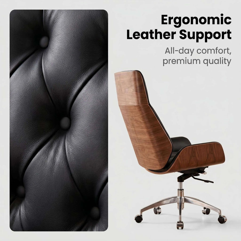 Aero Executive Office Chair – Genuine Leather with Walnut Trim
