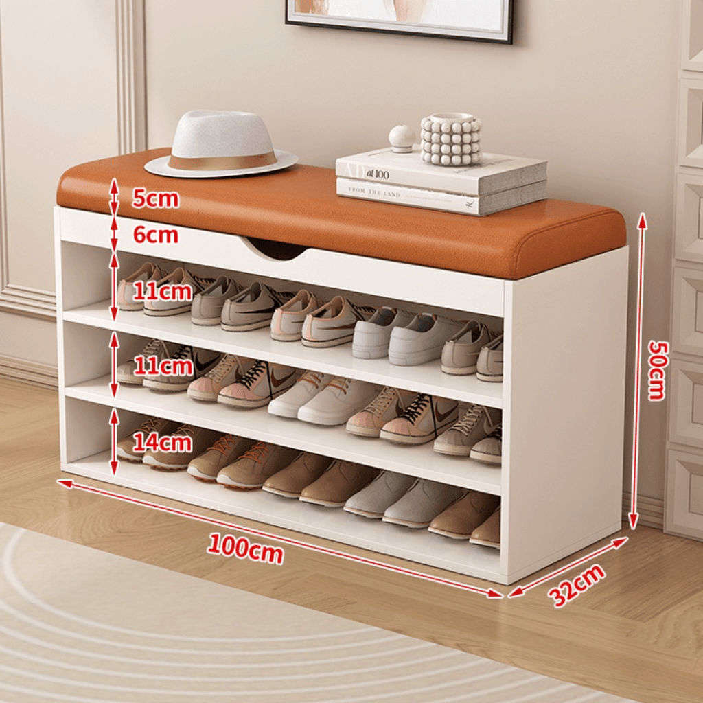 Modern white and orange shoe bench with upholstered seat and space-saving storage