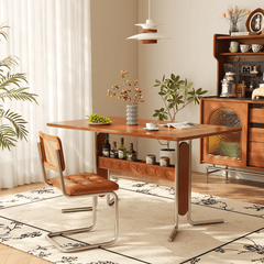 Vintage Dining-Desk Combo Square Slate Top Table with Storage and Stainless Steel Legs