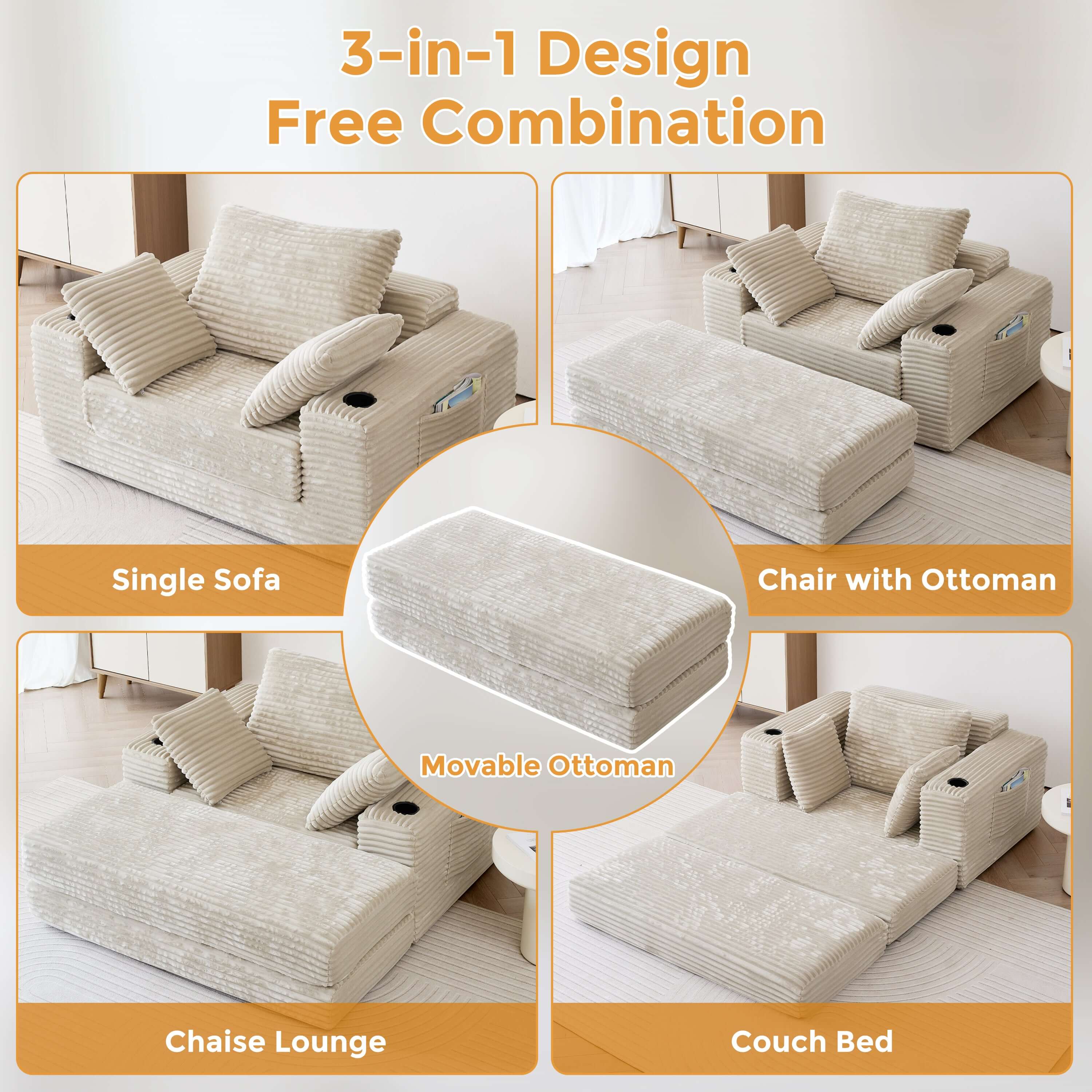 Modern oversize chaise lounge sofa bed measuring 53.5 inches, perfect for stylish living spaces