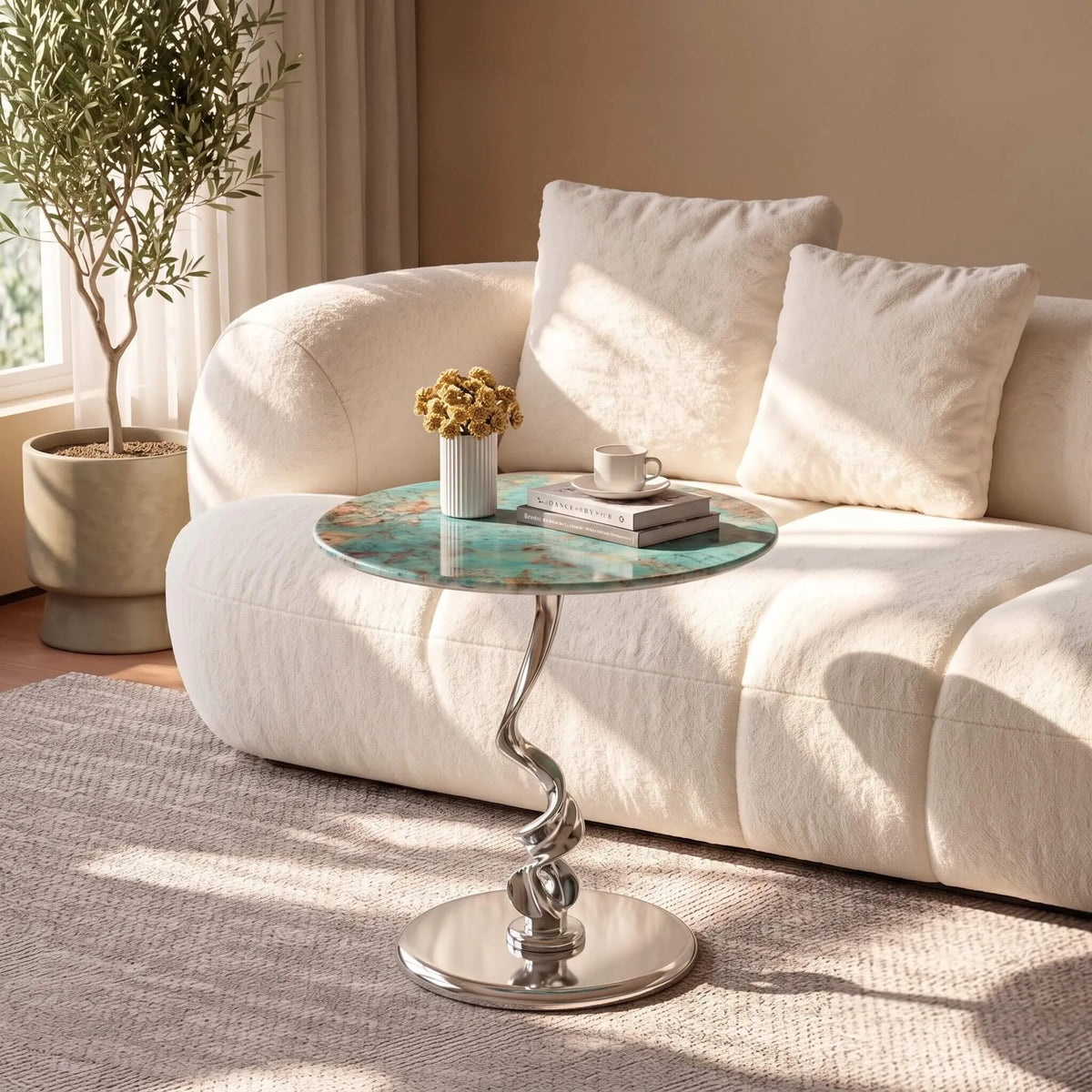 Amazon Green Marble Side Table with Twisted Metal Base, Italian Art Accent