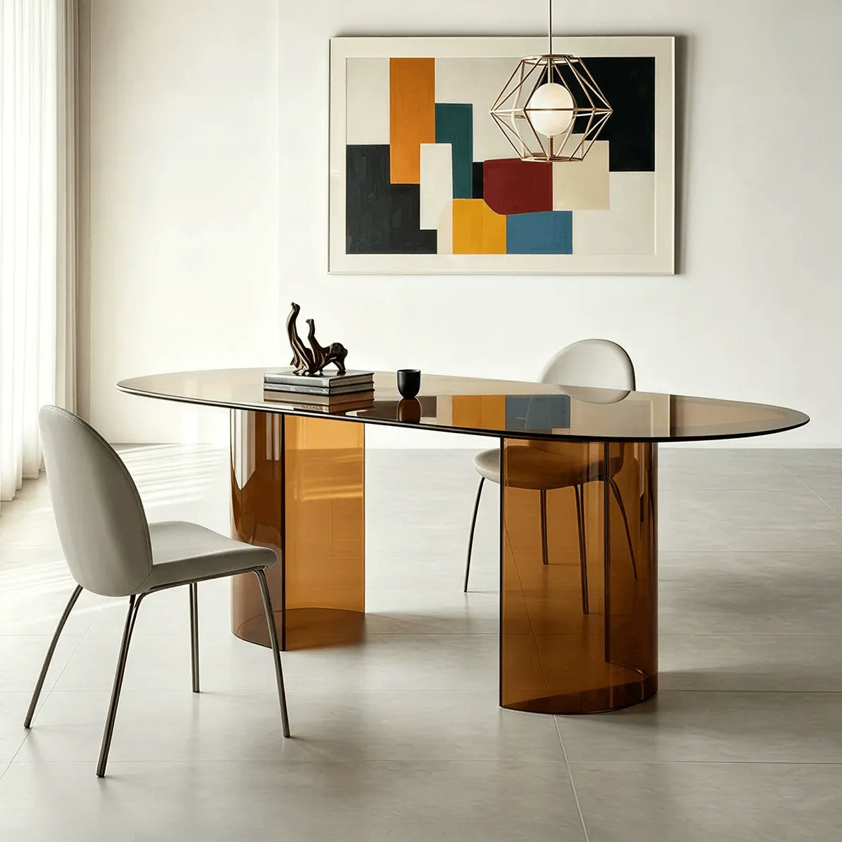 Amber Glass Dining Table with Rounded Corners and Sculptural Twin Pedestals Main Product Image Main image