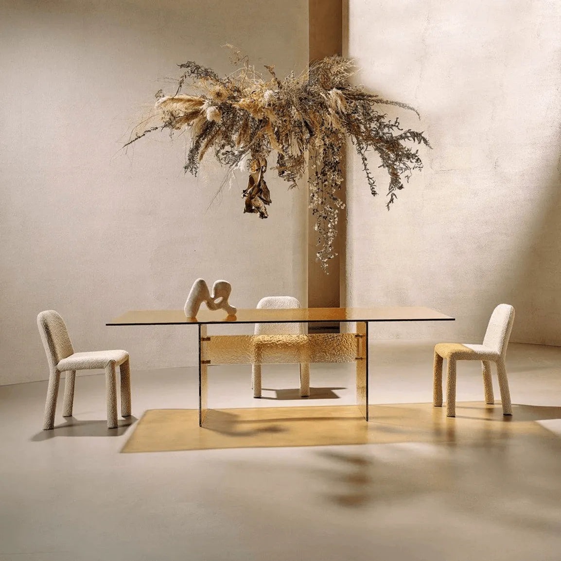 Amber Textured Glass Dining Table with Sculptural Panel Base