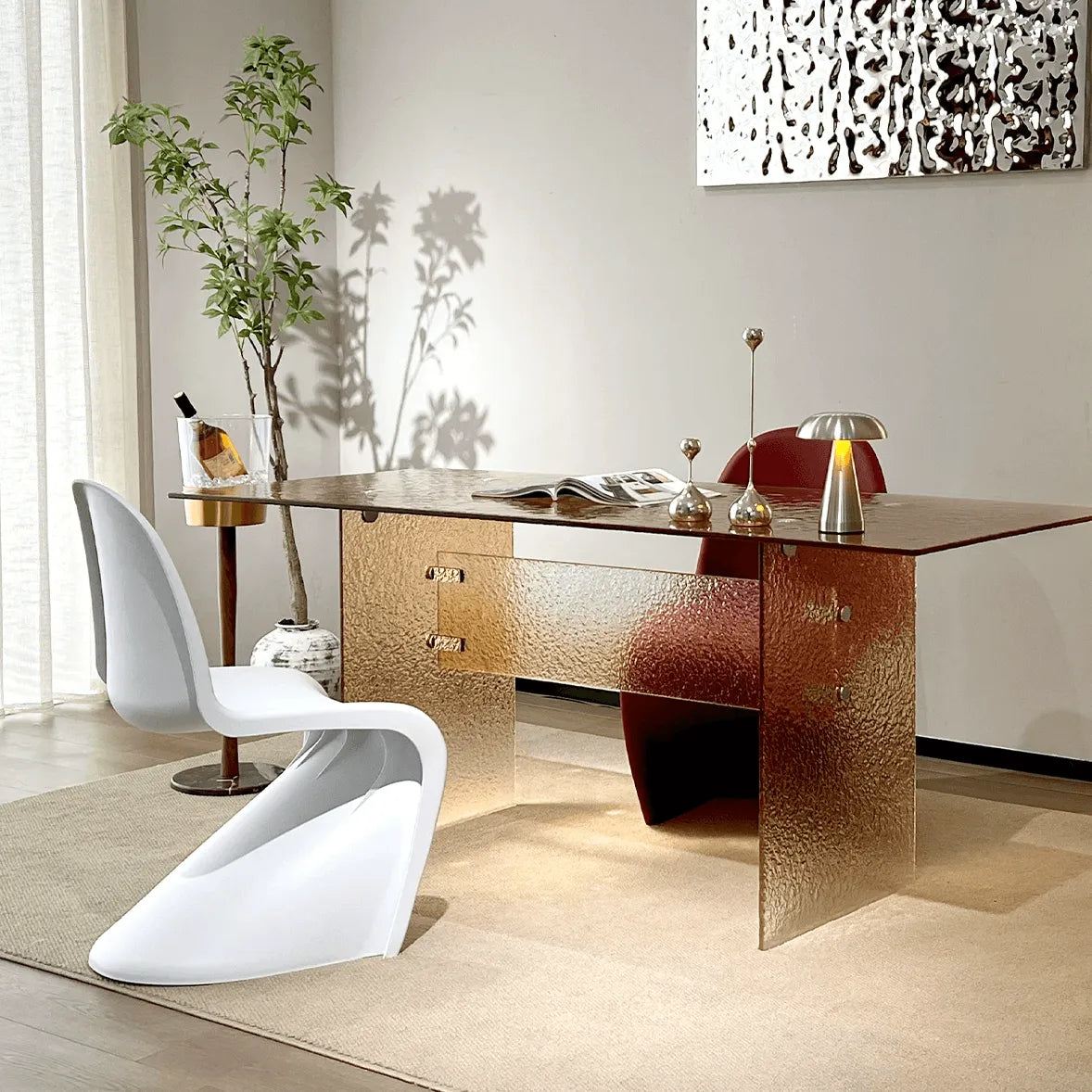 Amber Textured Glass Dining Table with Sculptural Panel Base