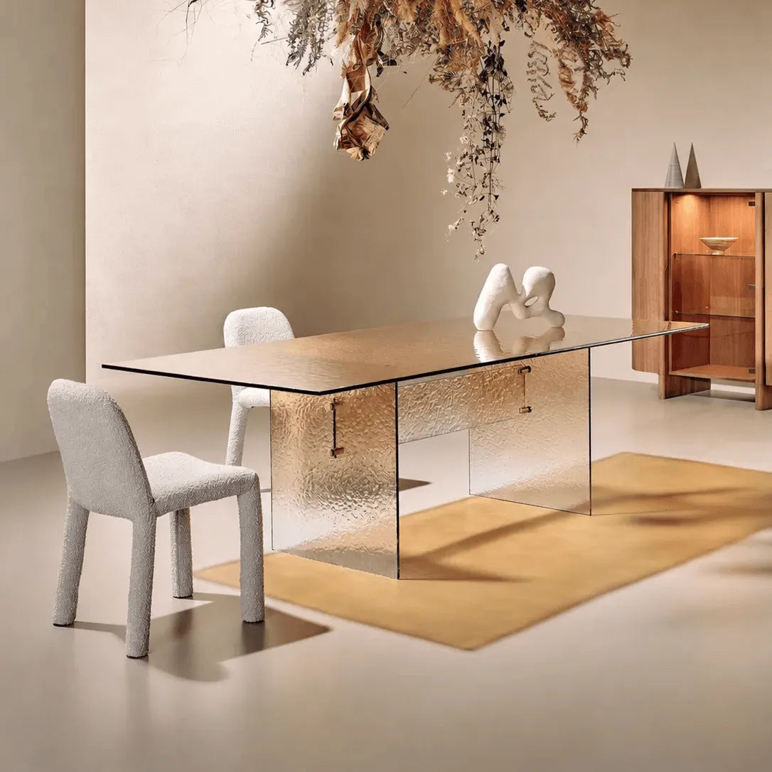 Amber Textured Glass Dining Table with Sculptural Panel Base Main Product Image Image principale du produit
