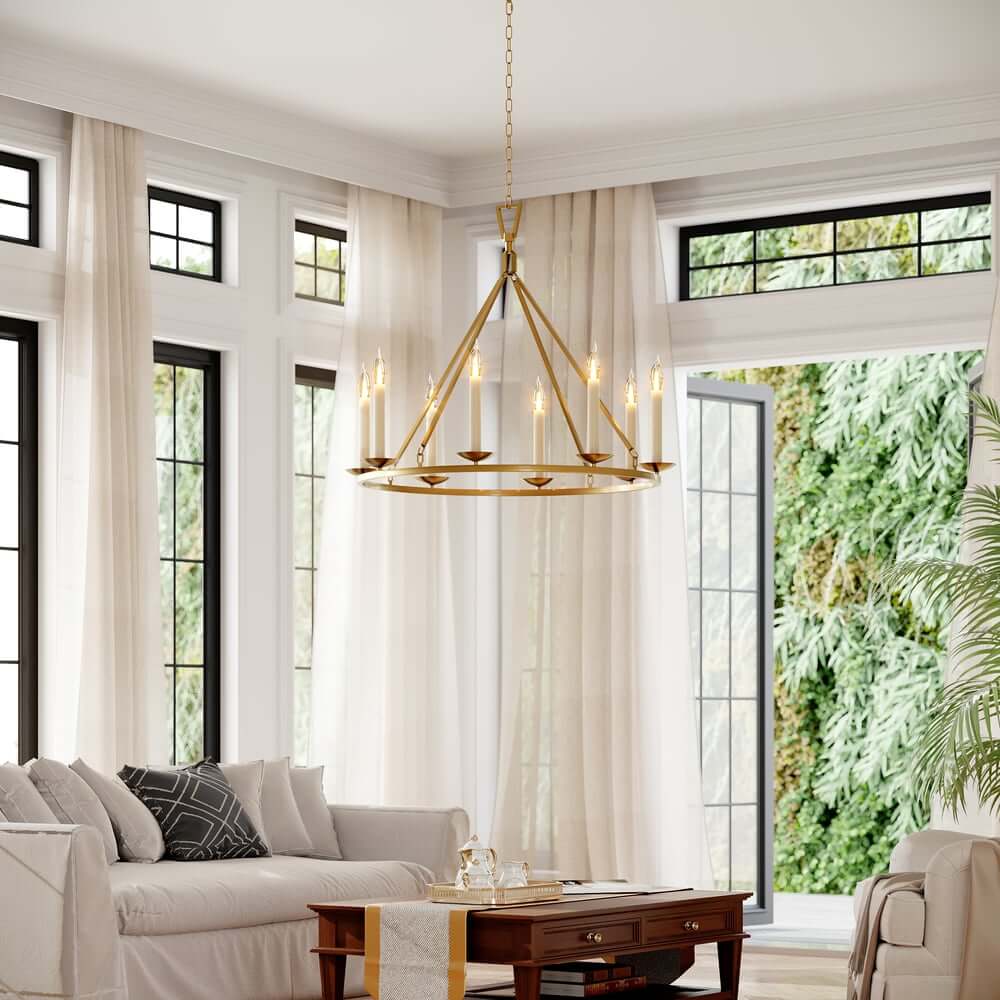 Antique Brass Wagon Wheel Chandelier – 8-Light Rustic Metal Ceiling Light