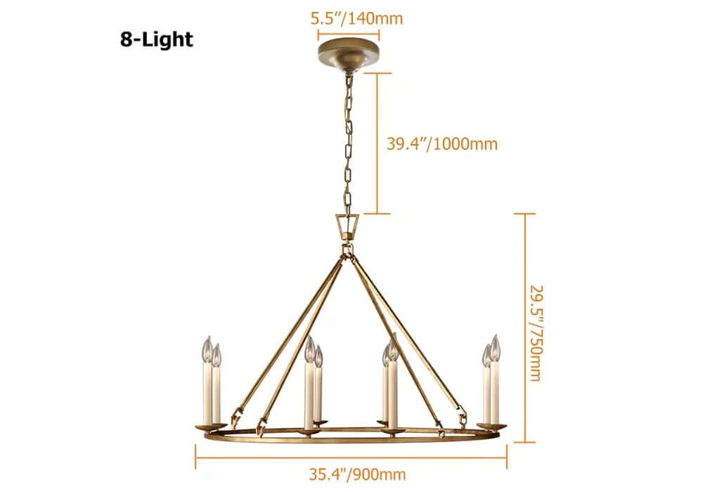 Antique Brass Wagon Wheel Chandelier – 8-Light Rustic Metal Ceiling Light Dimensions