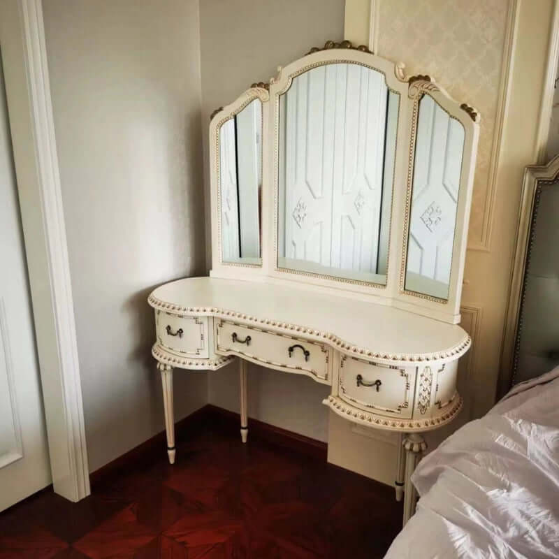 Antique Carved Vanity, 3 Drawers, White/Rose Red