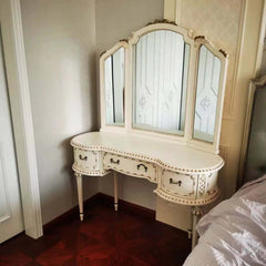 Antique Carved Vanity, 3 Drawers, White/Rose Red