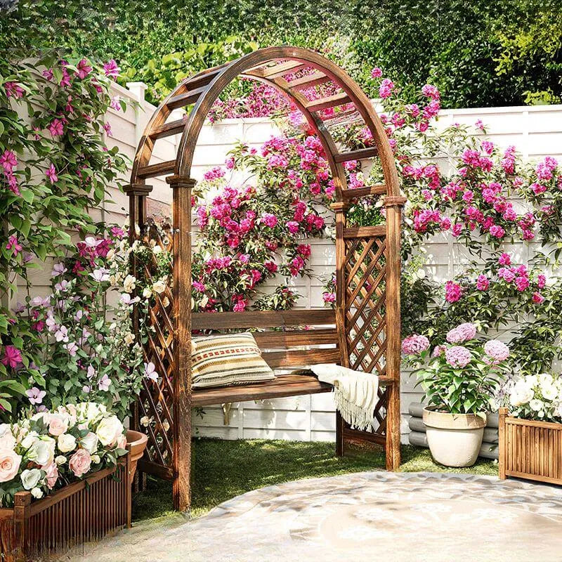 arch trellis wood Arch-Back Outdoor Bench with Climbing Trellis in Solid Wood Finishes Brown