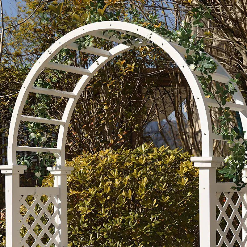 Arch-Back Outdoor Bench with Climbing Trellis in Solid Wood Finishes