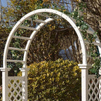 Arch-Back Outdoor Bench with Climbing Trellis in Solid Wood Finishes