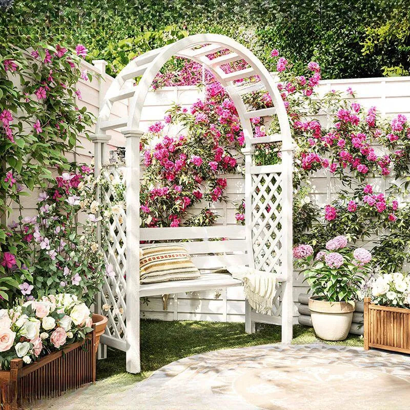 wooden bench with trellis Arch-Back Outdoor Bench with Climbing Trellis in Solid Wood Finishes White