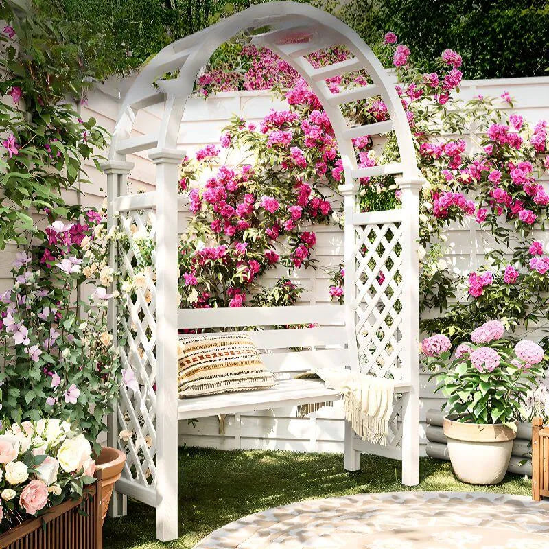 Arch-Back Outdoor Bench with Climbing Trellis in Solid Wood Finishes