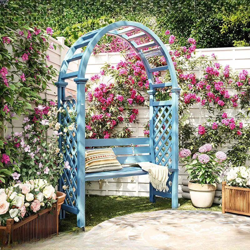 wooden bench with trellis Arch-Back Outdoor Bench with Climbing Trellis in Solid Wood Finishes Blue