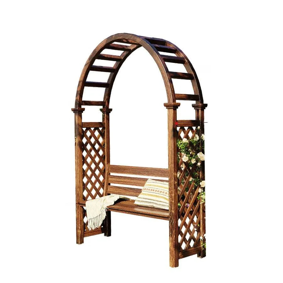 Arch-Back Outdoor Bench with Climbing Trellis in Solid Wood Finishes
