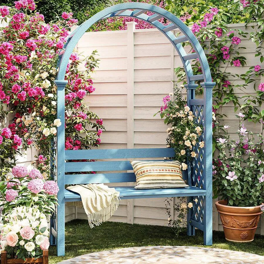 wooden garden bench with trellis Arch-Back Outdoor Bench with Climbing Trellis in Solid Wood Finishes Yellow