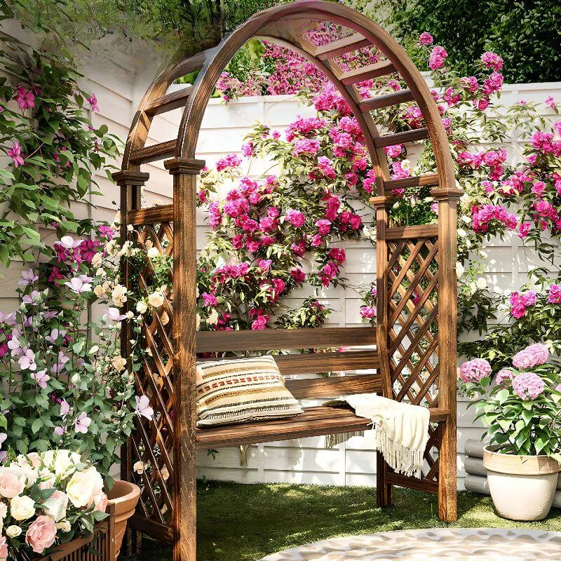 Arch back outdoor bench with climbing trellis in solid wood finish, combining seating functionality with vertical garden feature