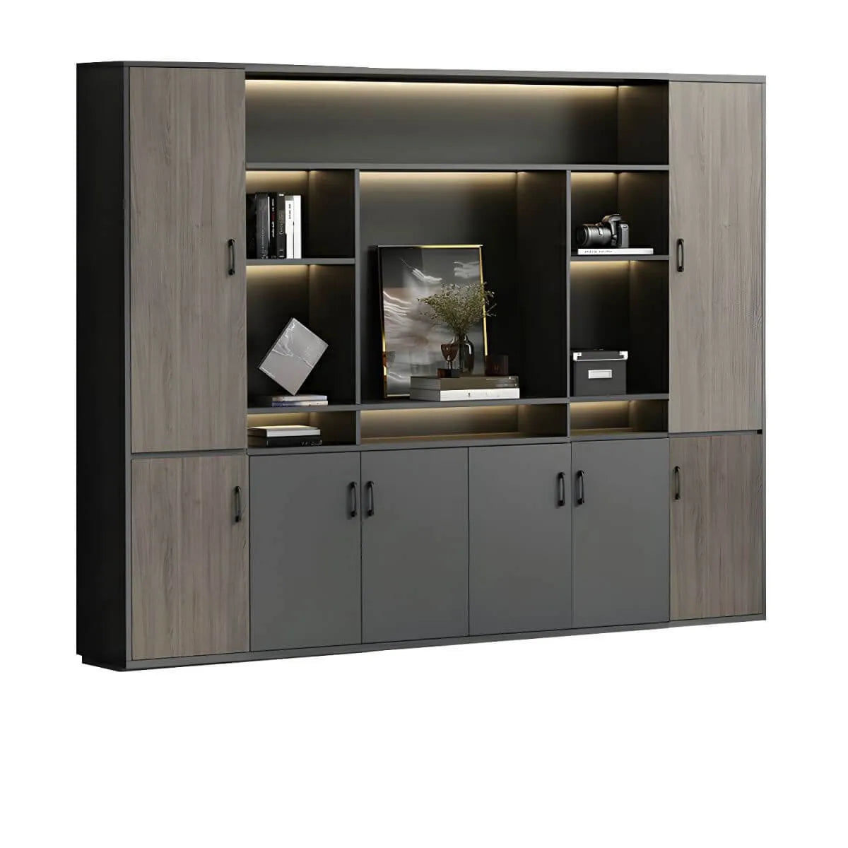 Architectural Wood Storage Wall Cabinet With Shelves and Lighting