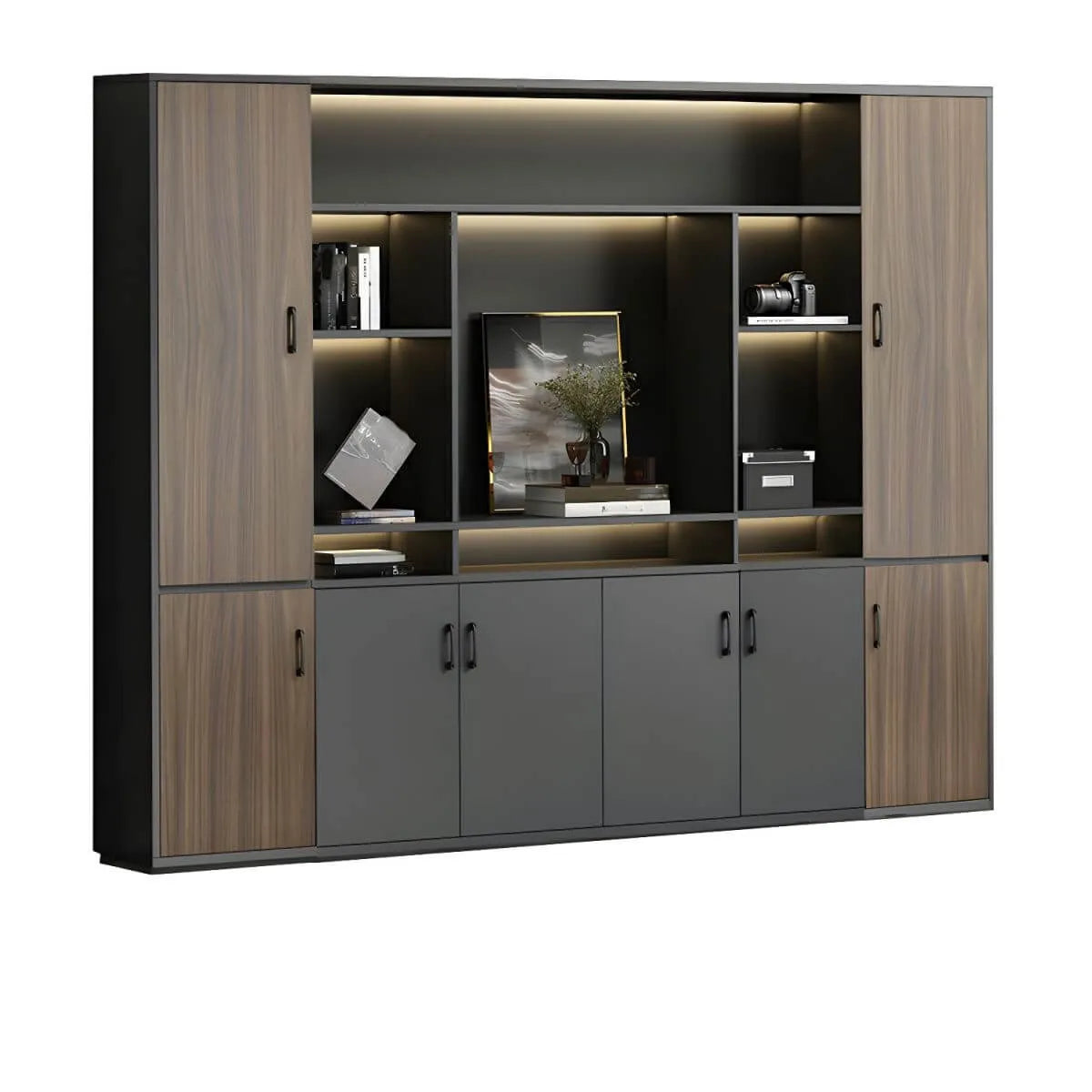 Architectural Wood Storage Wall Cabinet With Shelves and Lighting