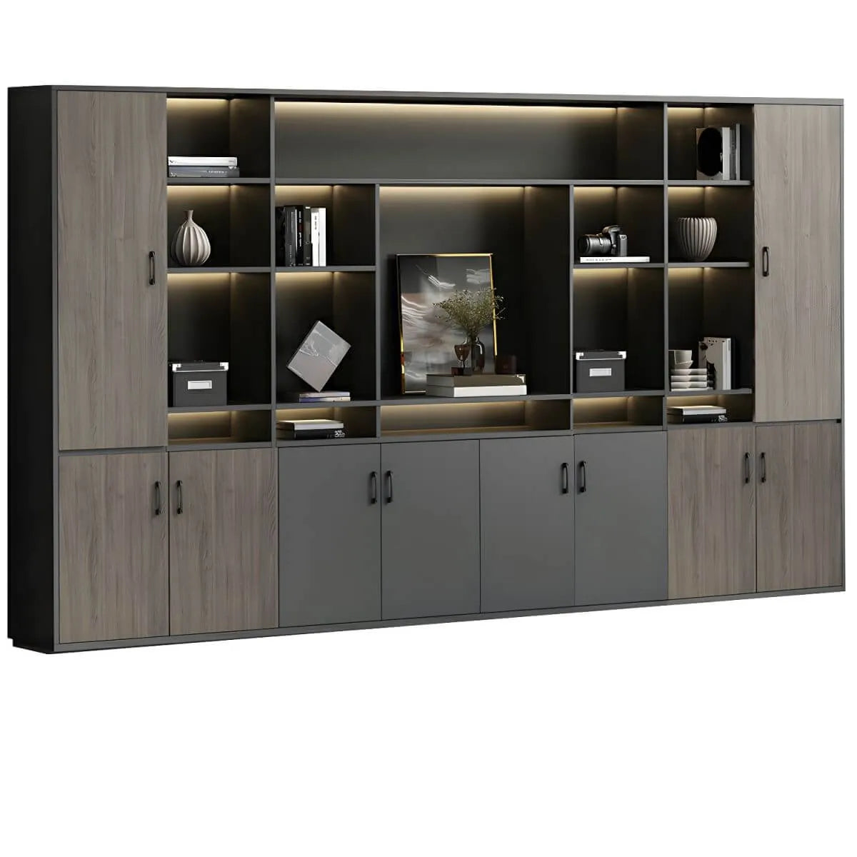 Architectural Wood Storage Wall Cabinet With Shelves and Lighting