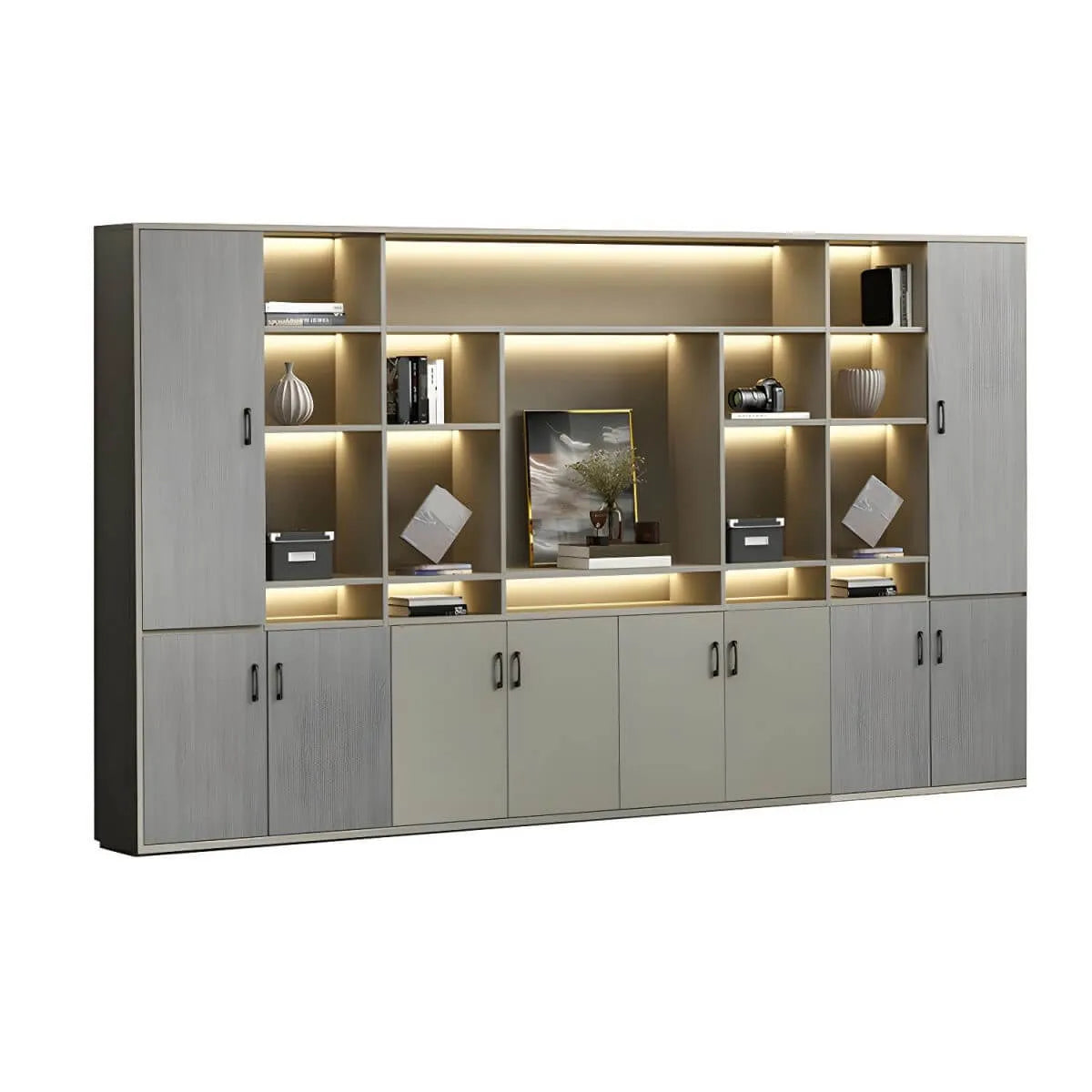 Architectural Wood Storage Wall Cabinet With Shelves and Lighting