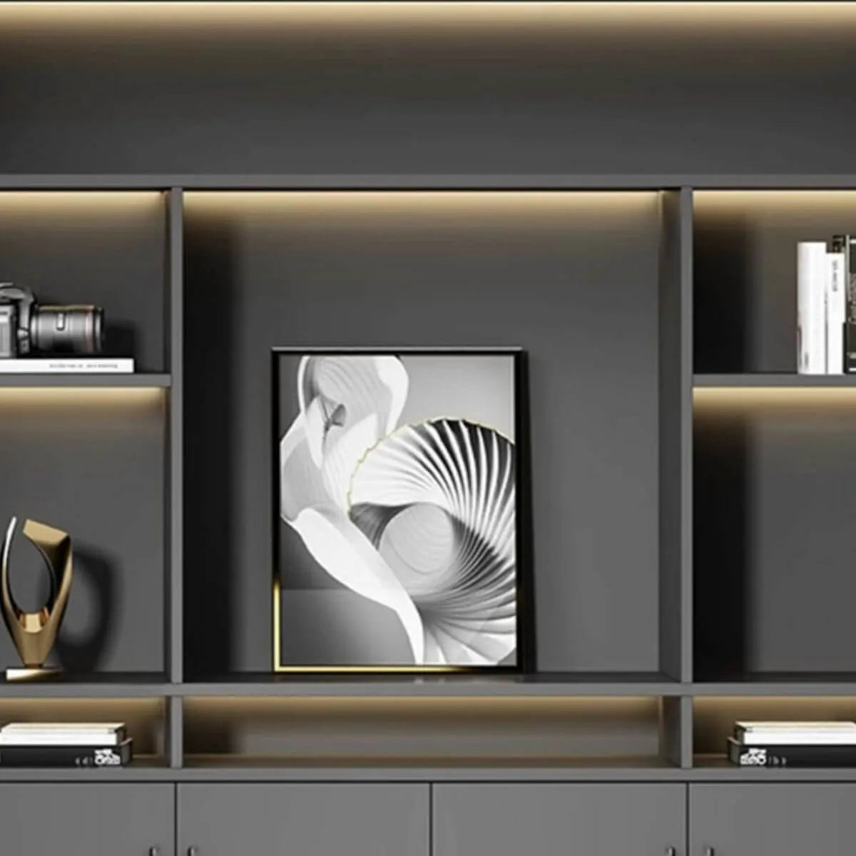 Architectural Wood Storage Wall Cabinet With Shelves and Lighting