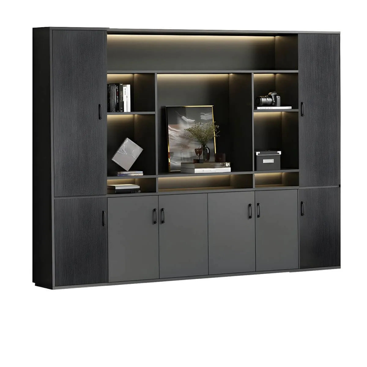 Architectural Wood Storage Wall Cabinet With Shelves and Lighting