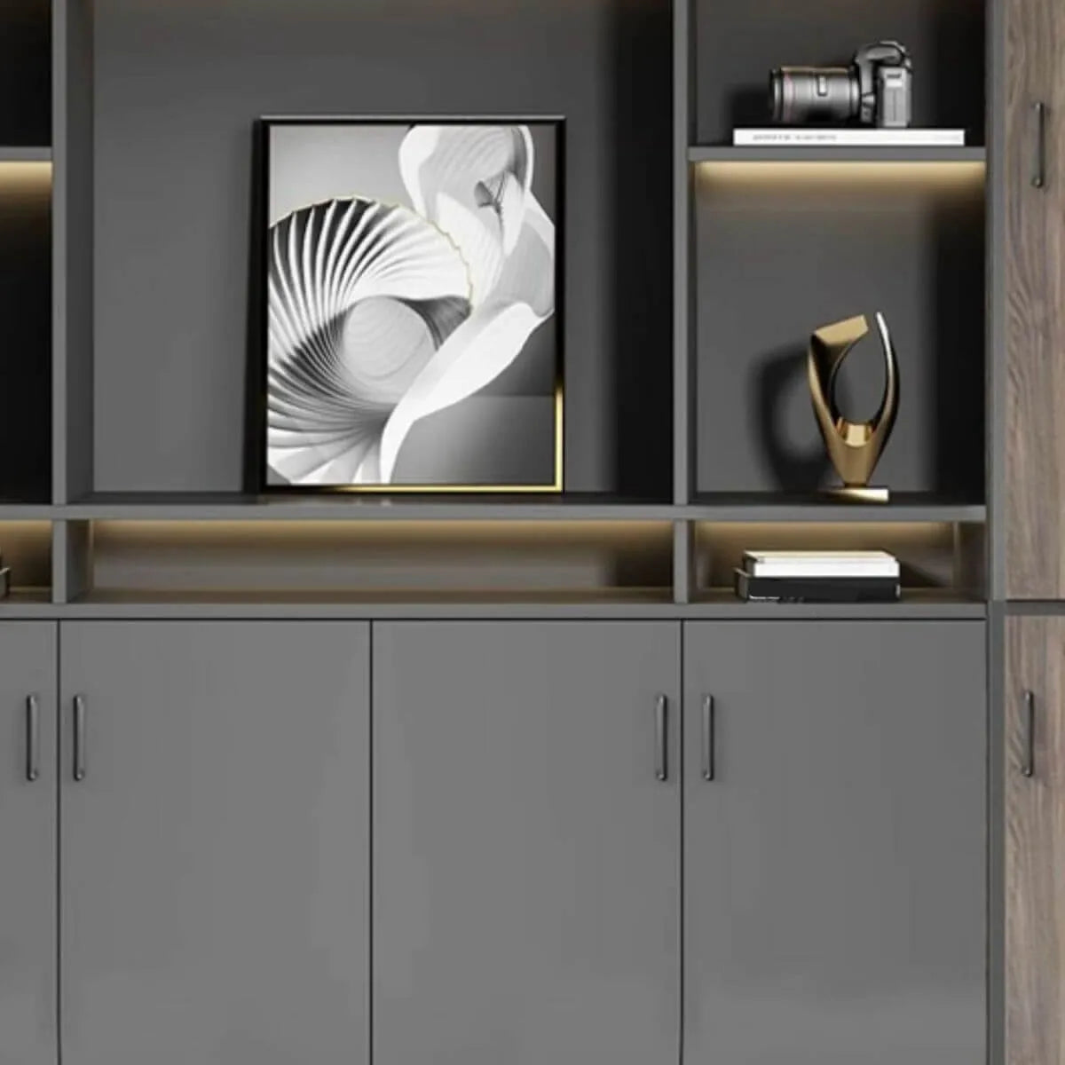 Architectural Wood Storage Wall Cabinet With Shelves and Lighting